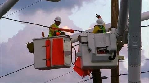 Telephone pole power line workers Video stock 45243271
