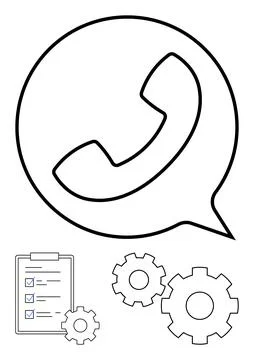 Telephone in speech bubble, checklist with blue checkmarks, and gear mechan.. Stock Illustration