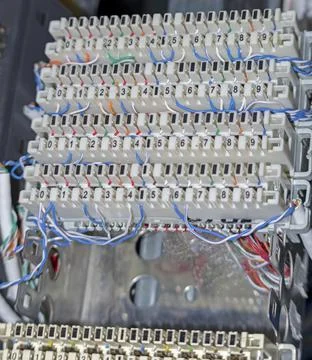Telephone switchboard panel with wires Stock Photos