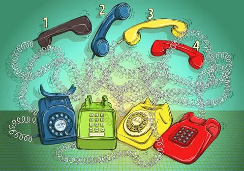 Telephone Wire Maze Game. Answer: 1-red; 2-green; 3-blue; 4-yellow. Stock Illustration