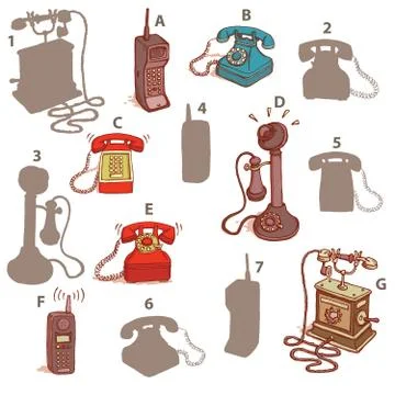 Telephones Shadow Visual Game. Solution: A7,B6,C5,D3,E2,F4,G1 Stock Illustration