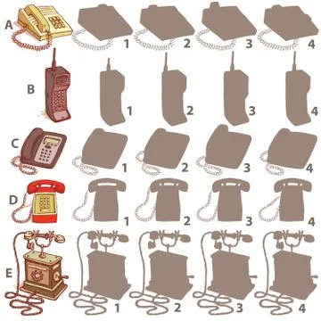Telephones Shadow Visual Game. Solution: A2,B4,C1,D3,E4. Stock Illustration
