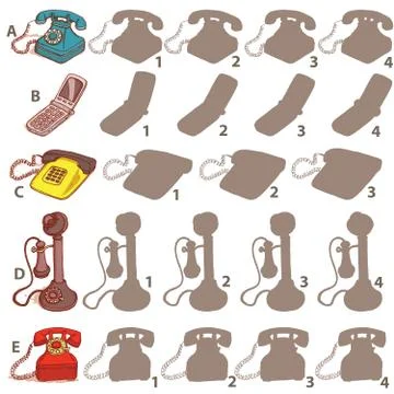 Telephones Shadow Visual Game. Solution: A1,B3,C2,D2,E4. Stock Illustration