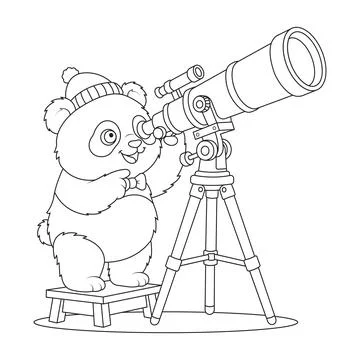 Telescope astronomy cute bear character standing on stool stargazing panda .. Stock Illustration