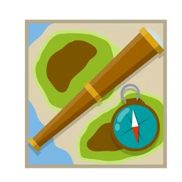 Telescope, compass, map. Retro objects for research. Square icon. Stock Illustration