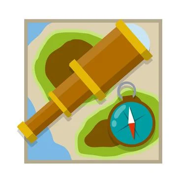 Telescope, compass, map. Retro objects for research. Square icon. Stock Illustration