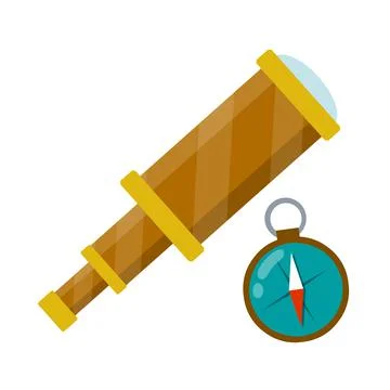Telescope, compass. Retro objects for research. Cartoon flat illustration Stock Illustration