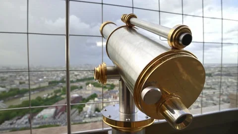  telescope at Eiffel Tower observation deck overlooking Paris. France tourism Stock Footage 162771441