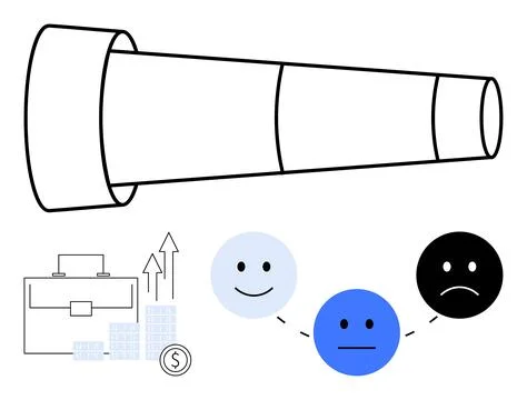Telescope facing right, briefcase and bar graph with upward arrows, three emo Illustrazione stock