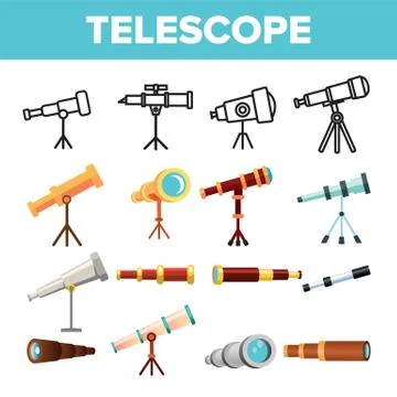 Telescope Icon Set Vector. Spyglass Discover Tool. Astronomy Science Magnify 스톡 일러스트