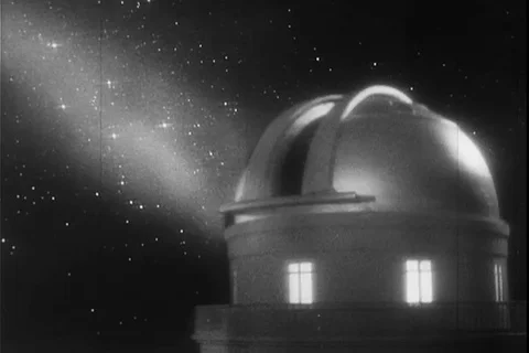 A telescope observes flight of spaceship during its trip around the moon - 1928 Stock Footage 104651636