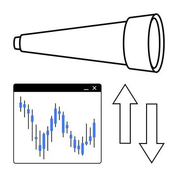Telescope observing a financial chart with candlestick patterns alongside up  Stock Illustration