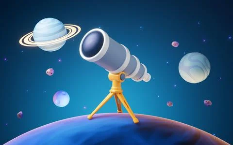Telescope in outer space with cartoon style, 3d rendering. Stock Illustration