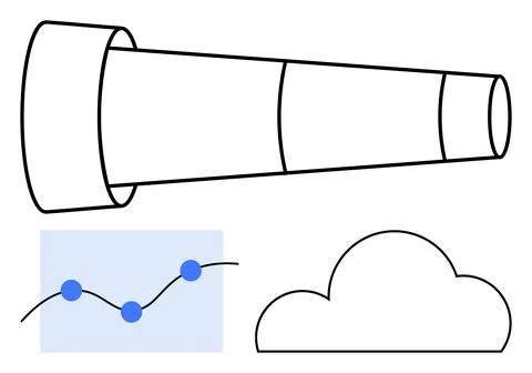 Telescope pointing forward towards a cloud, next to a stock market chart with Illustrazione stock