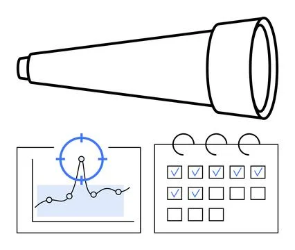 Telescope pointing toward graph and checklist calendar. Ideal for future visi イラスト素材