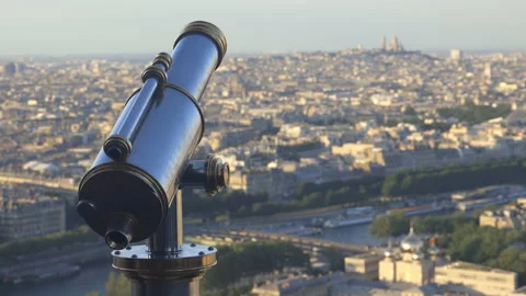 Telescope of the second floor of the Eiffel Tower and Paris skyline, France Stock Footage 197111729