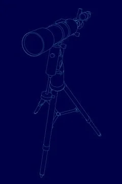 Telescope is shown in a blue background. The telescope is on a tripod and is Stock Illustration