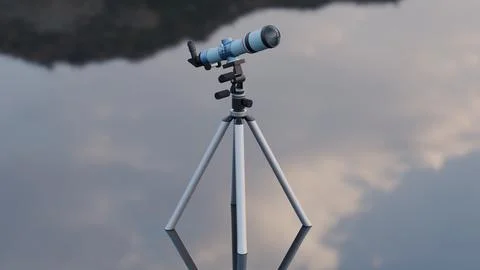 Telescope standing on a reflective (mirror) surface on a cloudy sky background 스톡 일러스트