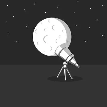 Telescope on a tripod on the background of a large full moon with craters and Stock Illustration