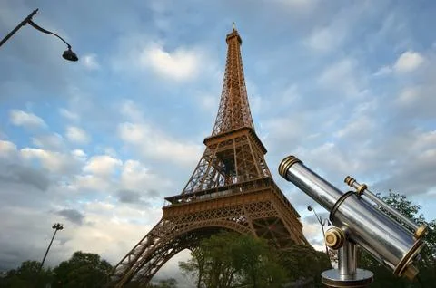 Telescope viewer and Eiffel Tower in Paris, France Stock Photos