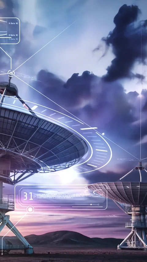 Telescopes analyzing data under a dramatic sky at sunset Stock Footage 322068410