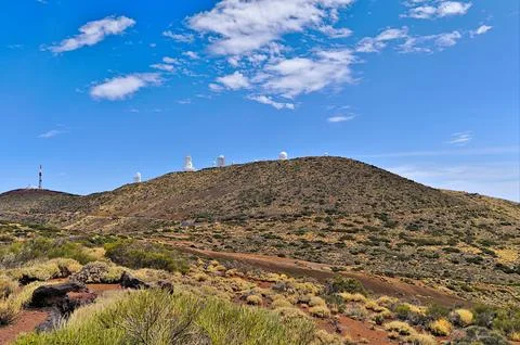 Telescopes of the Astronomical Observatory Izana with local vegeation Stock Photos