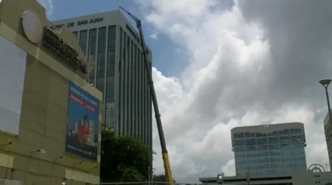 Telescopic Boom Crane Fully Extended and buildings Stock Footage 7906194