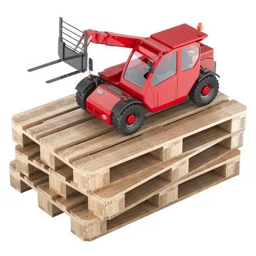Telescopic handler on the wooden pallets. 3D rendering Stock Illustration