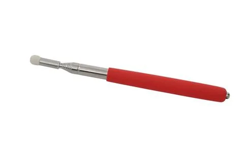 Telescopic pointer with a soft red handle. Extendable metal tool used for p.. 스톡 사진