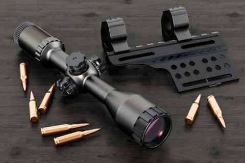 Telescopic sight, scope with bullets and mount on the wooden table. 3D render Stock Illustration