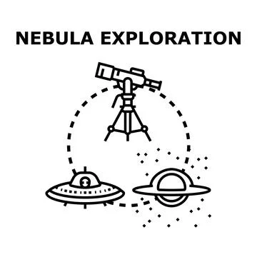Telescoping instrument exploring cosmos while uncovering a flying saucer and  Stock Illustration