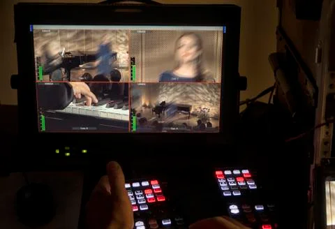Television Broadcast Gallery. .button on the control panel television equipme Stock Photos