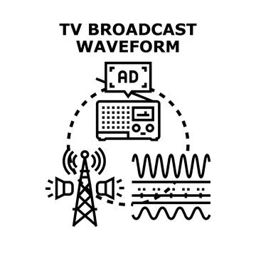 Television broadcasting system with transmitting tower and waveforms Stock Illustration