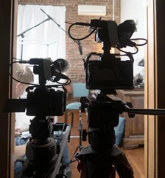 Television camera in the studio before recording a culinary program. Stock Photos
