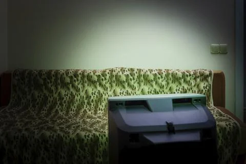 Television in front of a sofa covered with a leopard pattern blanket. The wall Stock Photos