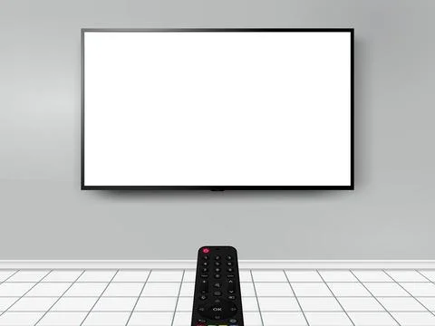 Television on a gray wall and remote control Stock Illustration