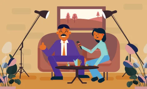 Television interview background interviewee reporter icons cartoon design Stock Illustration