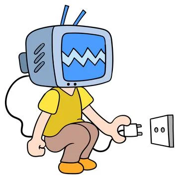 The television is looking for a power source to connect the plug, doodle icon Stock Illustration