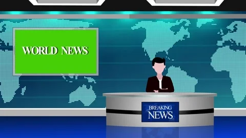 Television news studio set with anchor at desk, world map digital backdrop .. Stock Footage 334765670