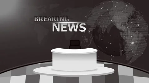 Television news studio set with empty white anchor desk foreground backgrou.. Stock Footage 334765721