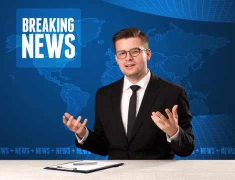 Television presenter in front telling breaking news with blue modern backgrou Stock Photos