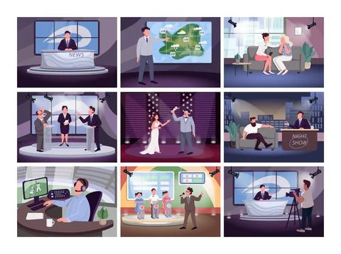 Television programming flat color vector illustrations set Stock Illustration