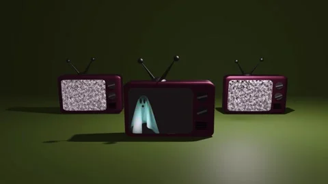 Television sets with ghost and static interference 4k Stock Footage 308928135