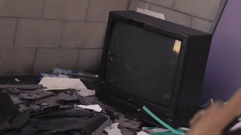Television Smashed With Crowbar Stock Footage 79035825