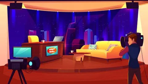 Television studio with camera, broadcasting room Illustration