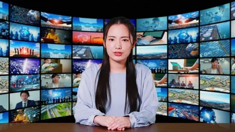 Television studio concept. Broadcasting. Asian announcer. Stock Footage 158345337