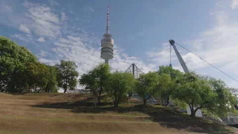 Television Tower Above Park Trees and Meadow, City Landmark, Wide Static Shot Vídeo Stock 343023995