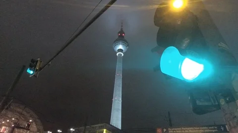 Television tower and traffic light in Berlin with fog Stock Footage 94126805