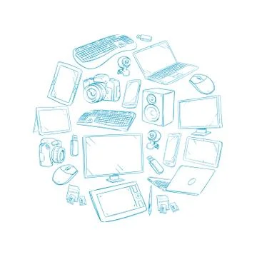 Television, video and computer device, electronic gadget hand drawn vector Stock Illustration
