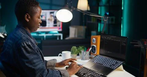 Teleworker using laptop to do coding for software developing 스톡 사진